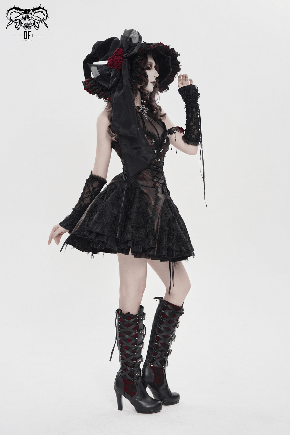 Goth Witch Hat with Roses and Sheer Ribbon Trim for Women worn by model in dark romantic outfit.