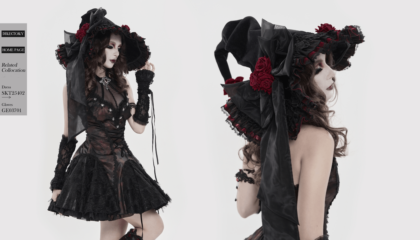 Goth Witch Hat with Roses and Sheer Ribbon Trim for Women worn by model in dark gothic dress.