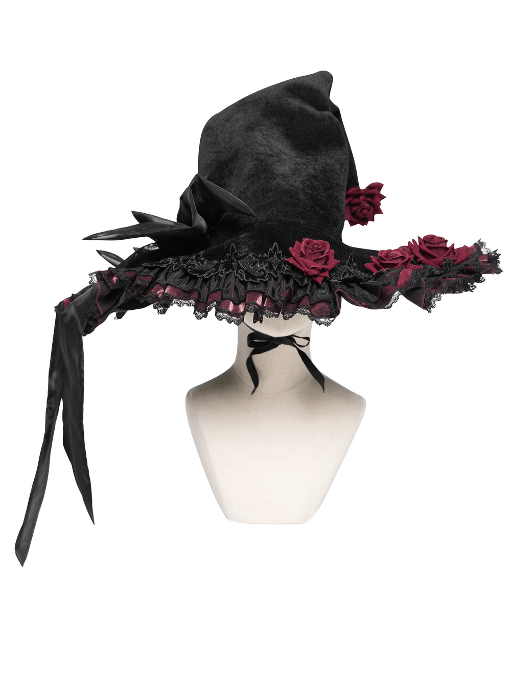 Goth Witch Hat with Roses and Sheer Ribbon Trim for Women displayed on a mannequin with black lace and a wide brim.