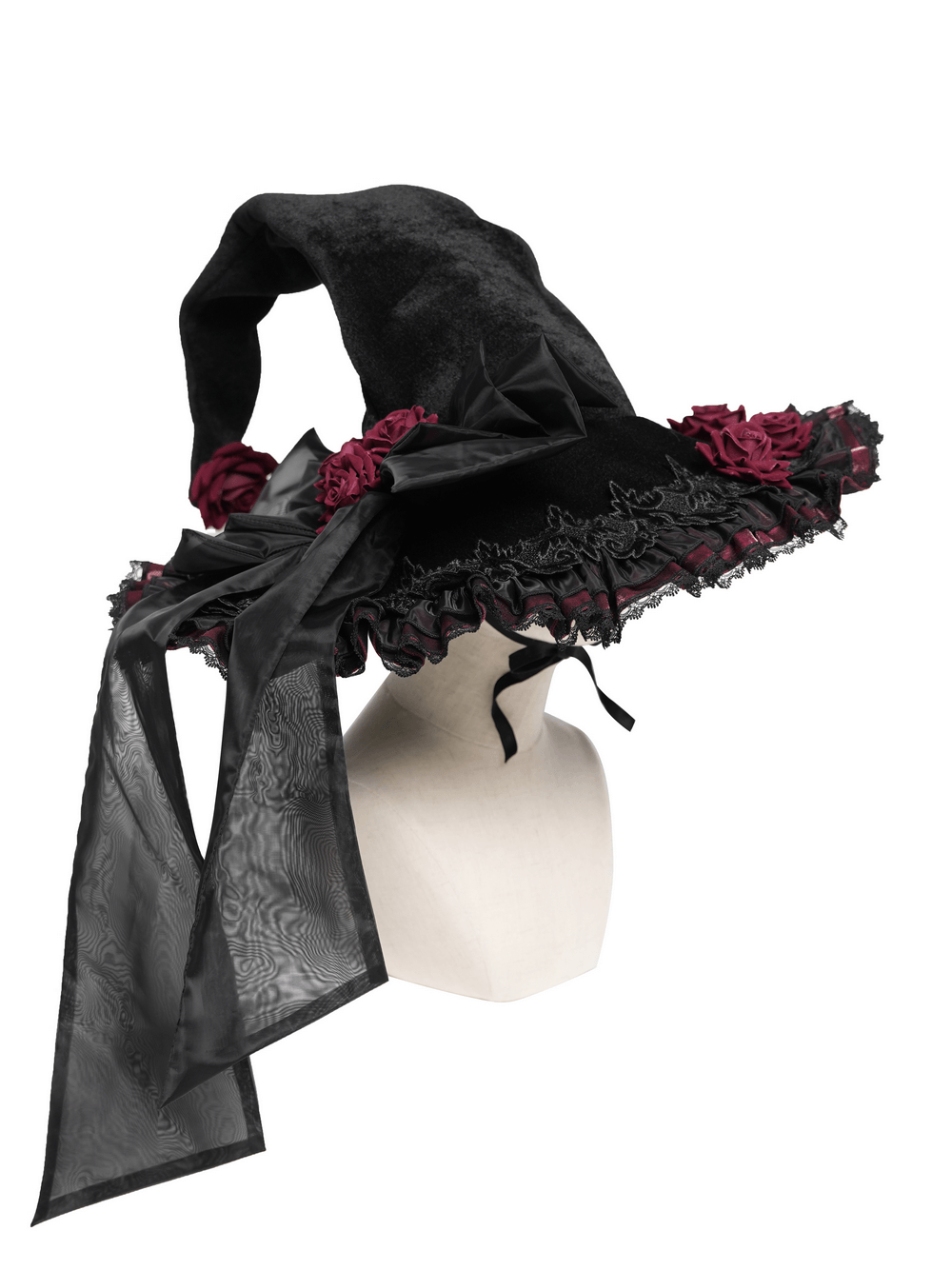 Goth Witch Hat with Roses and Sheer Ribbon Trim for Women featuring a wide brim and floral details.
