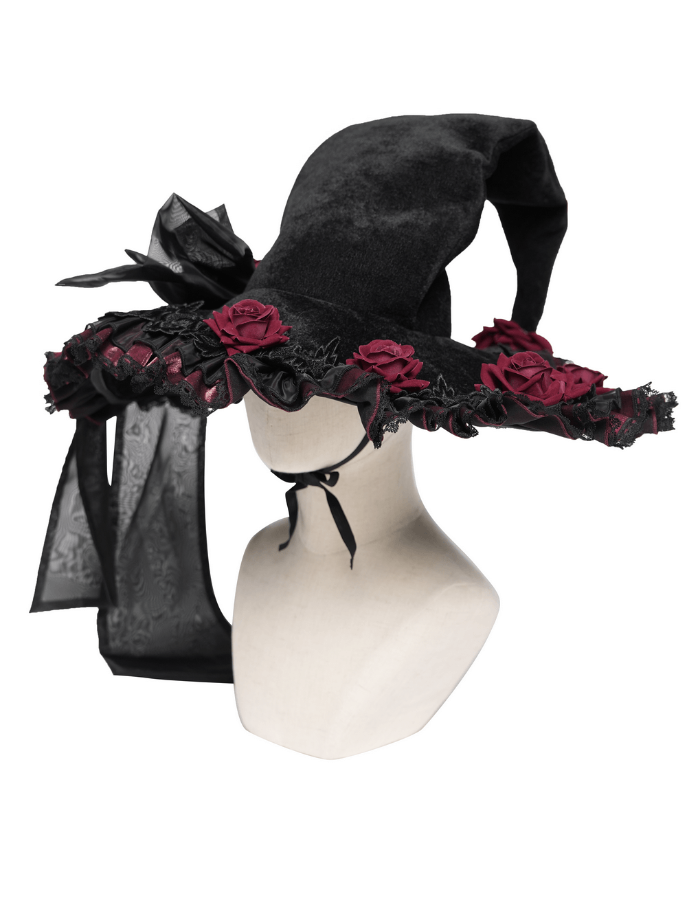 Goth Witch Hat with Roses and Sheer Ribbon Trim for Women displayed on a mannequin with floral accents.