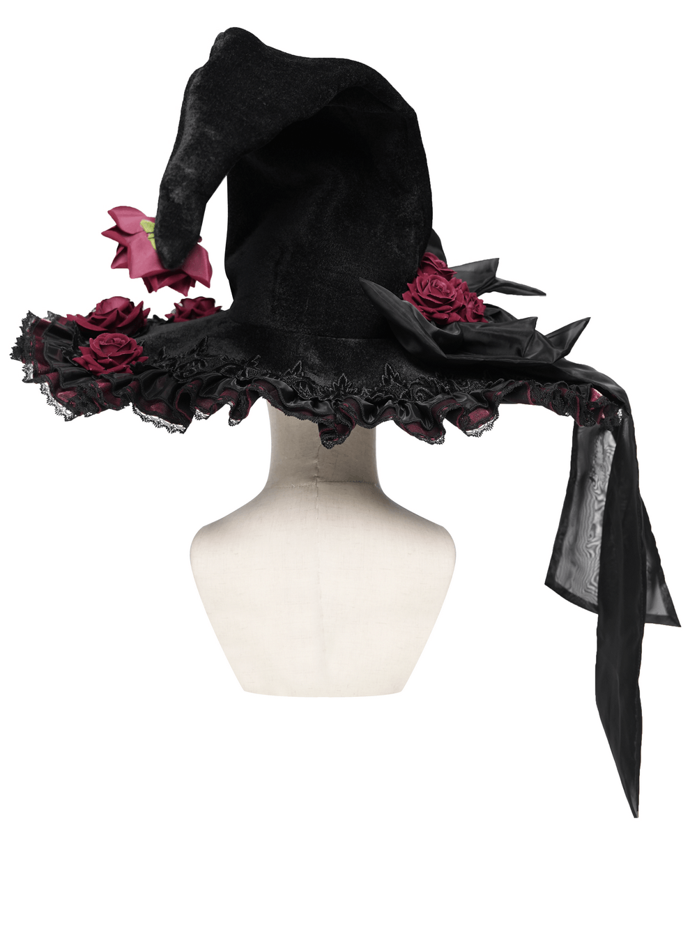 Goth Witch Hat with Roses and Sheer Ribbon Trim for Women on display, showcasing dark romantic design and wide brim.