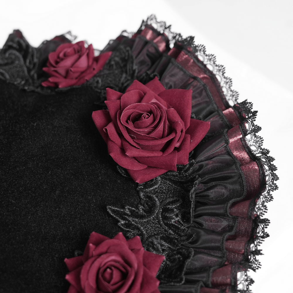 Goth Witch Hat with Roses and Sheer Ribbon Trim for Women featuring detailed deep red roses and lace trim.