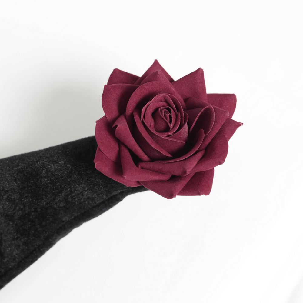 Goth Witch Hat with Roses and Sheer Ribbon Trim for Women featuring a burgundy rose detail.