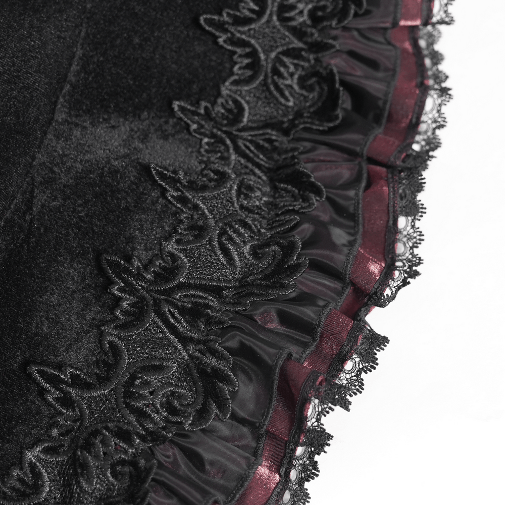 Close-up of Goth Witch Hat with Roses and Sheer Ribbon Trim for Women featuring black floral lace trim and ruffled edges.