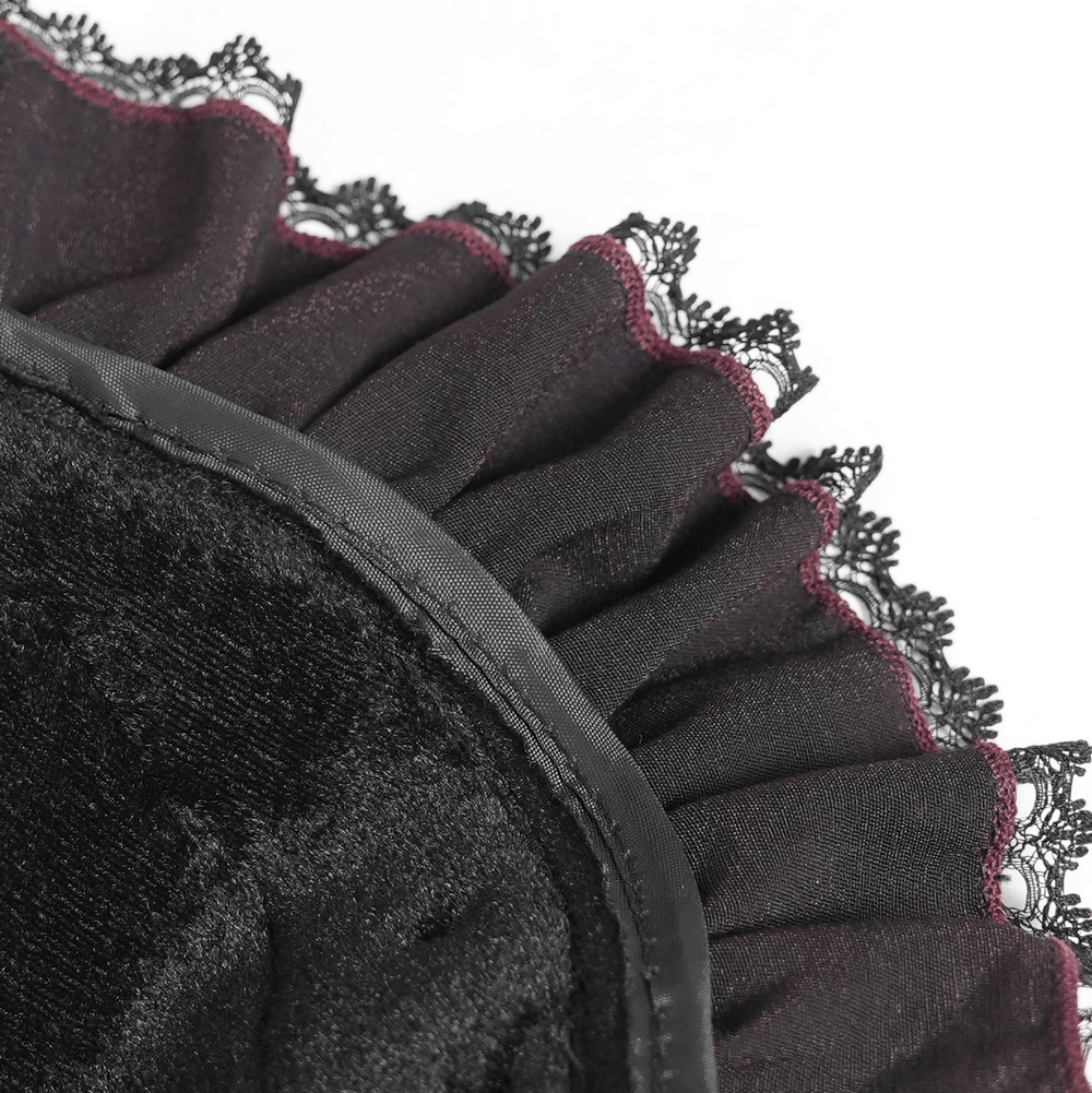 Goth Witch Hat with Roses and Sheer Ribbon Trim for Women - detail of ruffled lace brim.