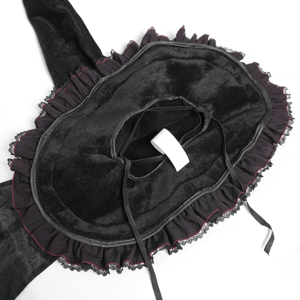 Interior view of the Goth Witch Hat with Roses and Sheer Ribbon Trim for Women, showcasing the ruffled brim and chin tie.