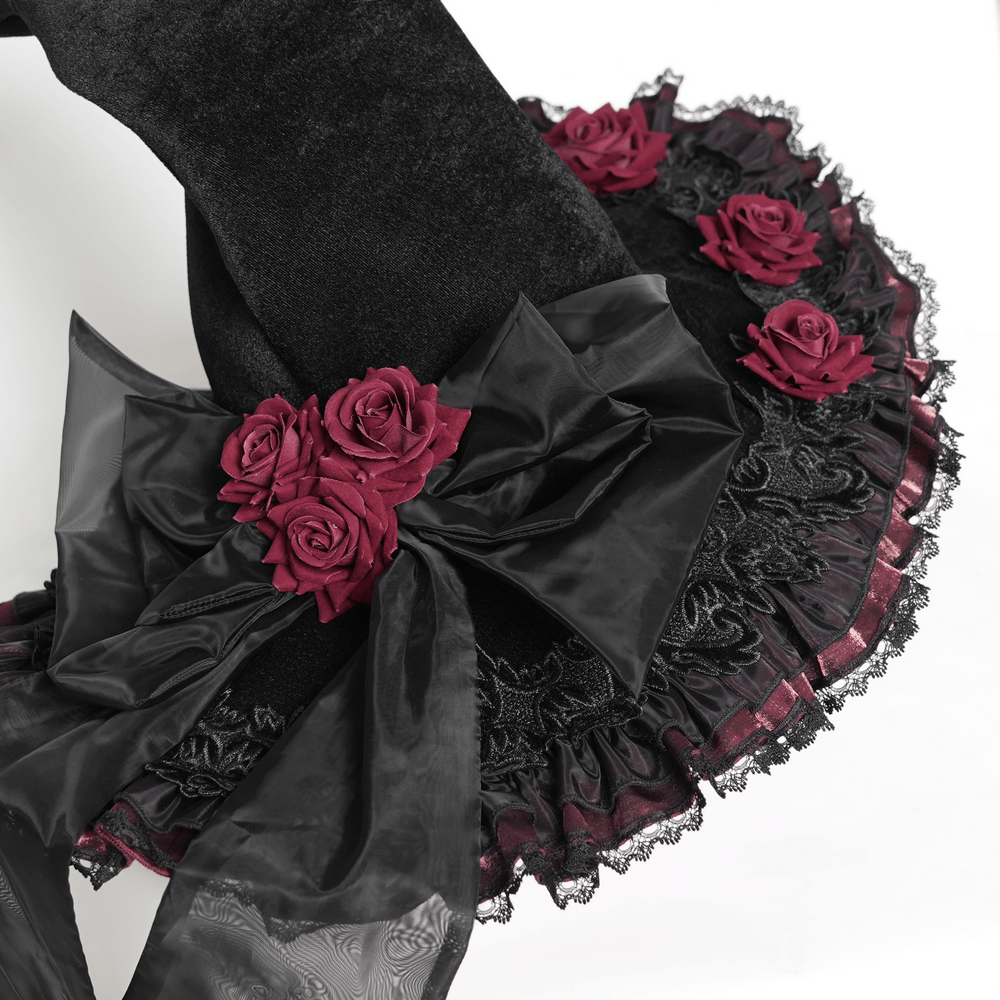 Goth Witch Hat with Roses and Sheer Ribbon Trim for Women with black lace and deep red roses.