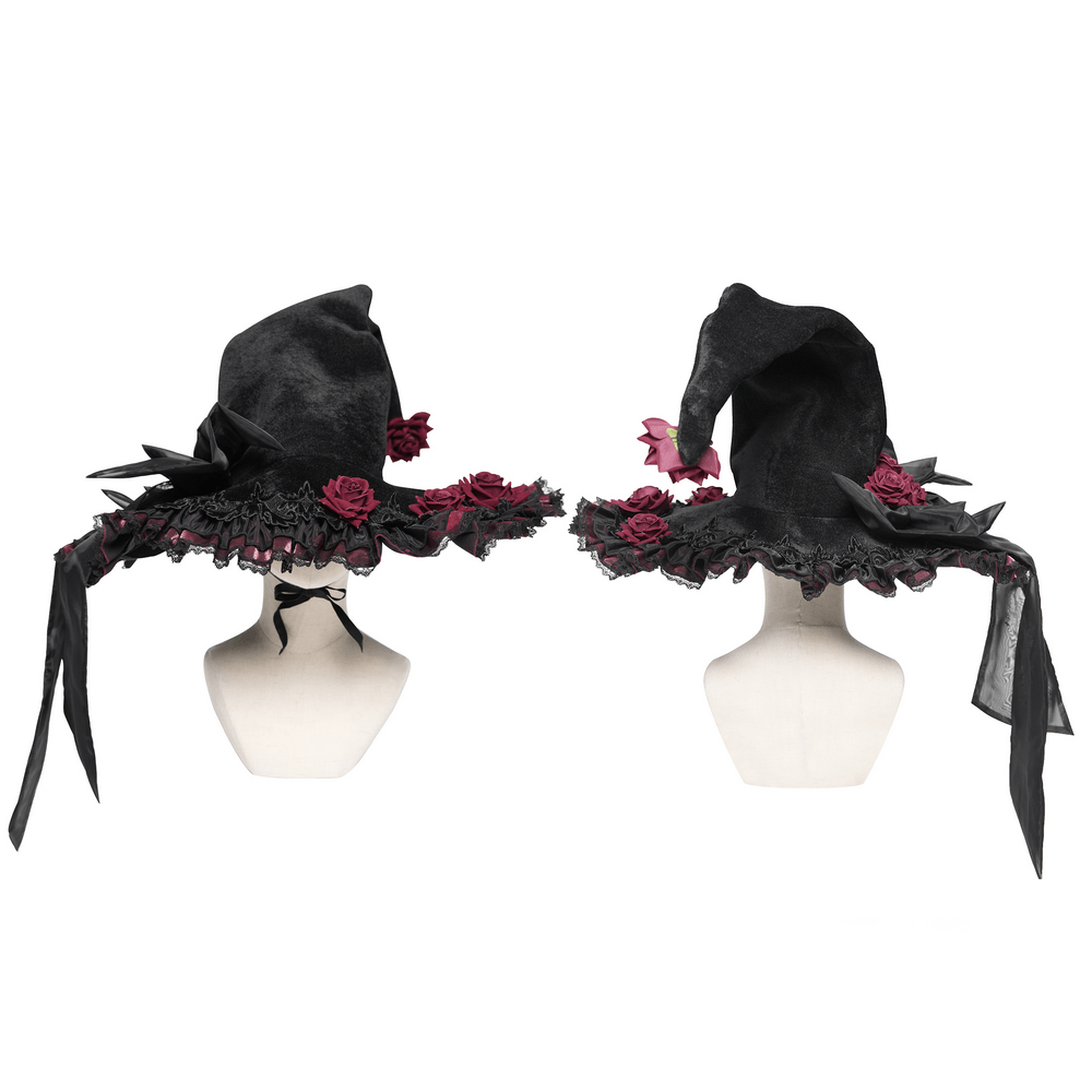 Goth Witch Hat with Roses and Sheer Ribbon Trim for Women displayed on mannequins, showcasing the floral adornments.