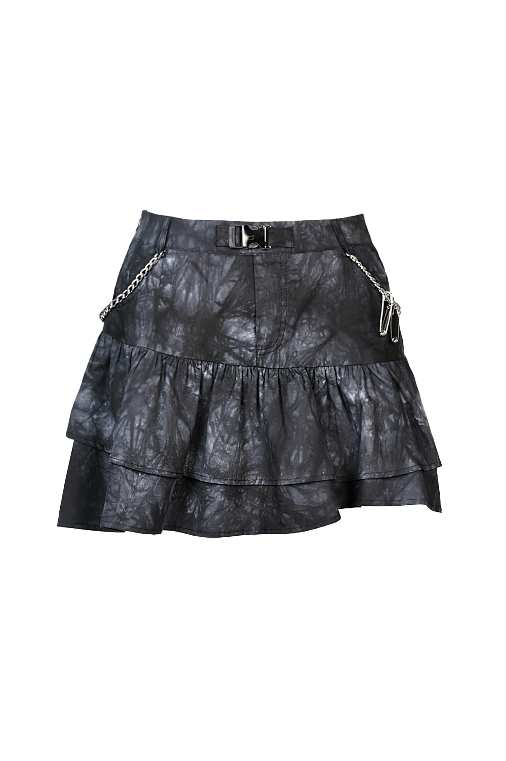 Black tie-dye Goth mini skirt with ruffles and chains, perfect for edgy fashion lovers.