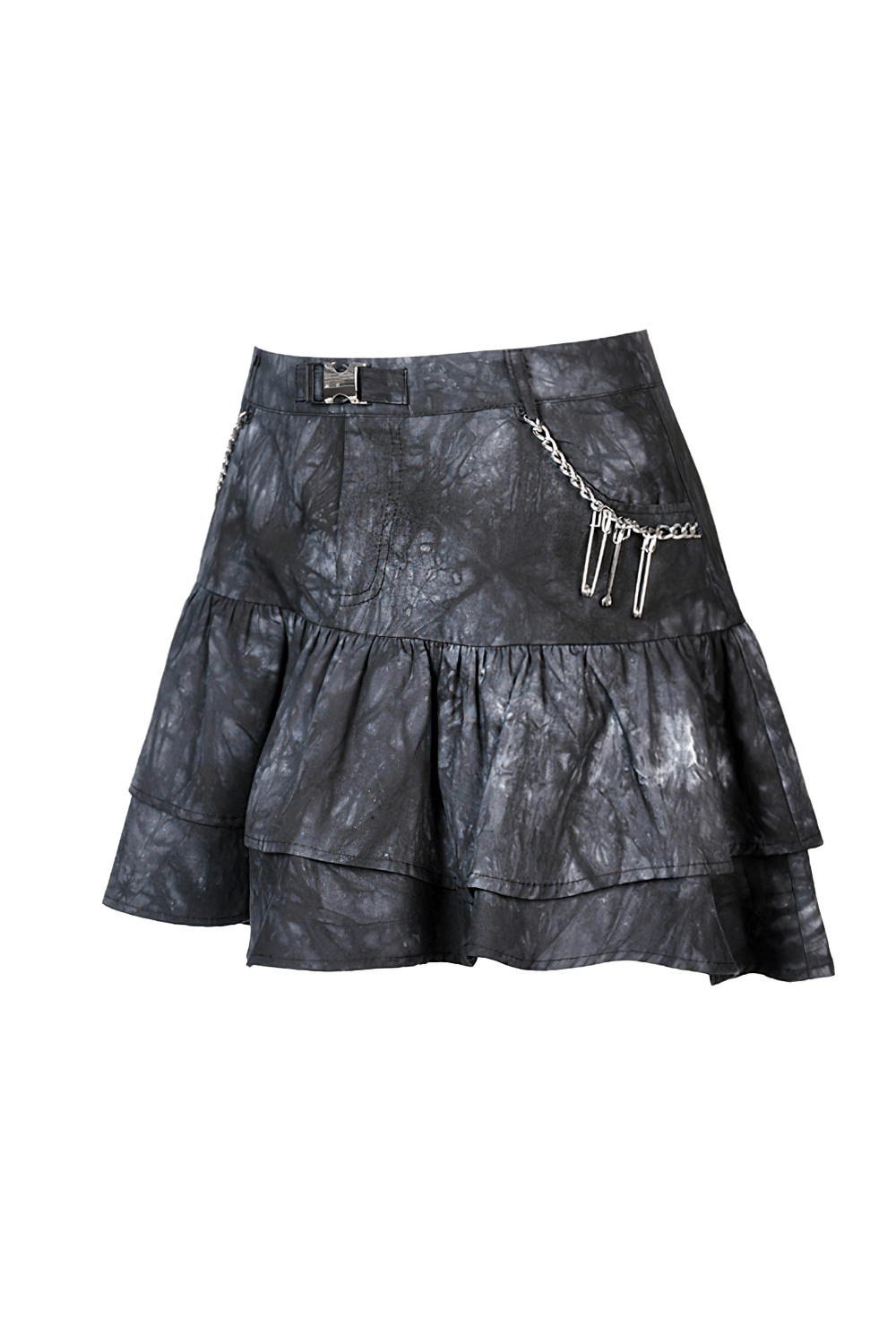 Goth mini skirt with cascading ruffles and chains, perfect for edgy rockstar style.