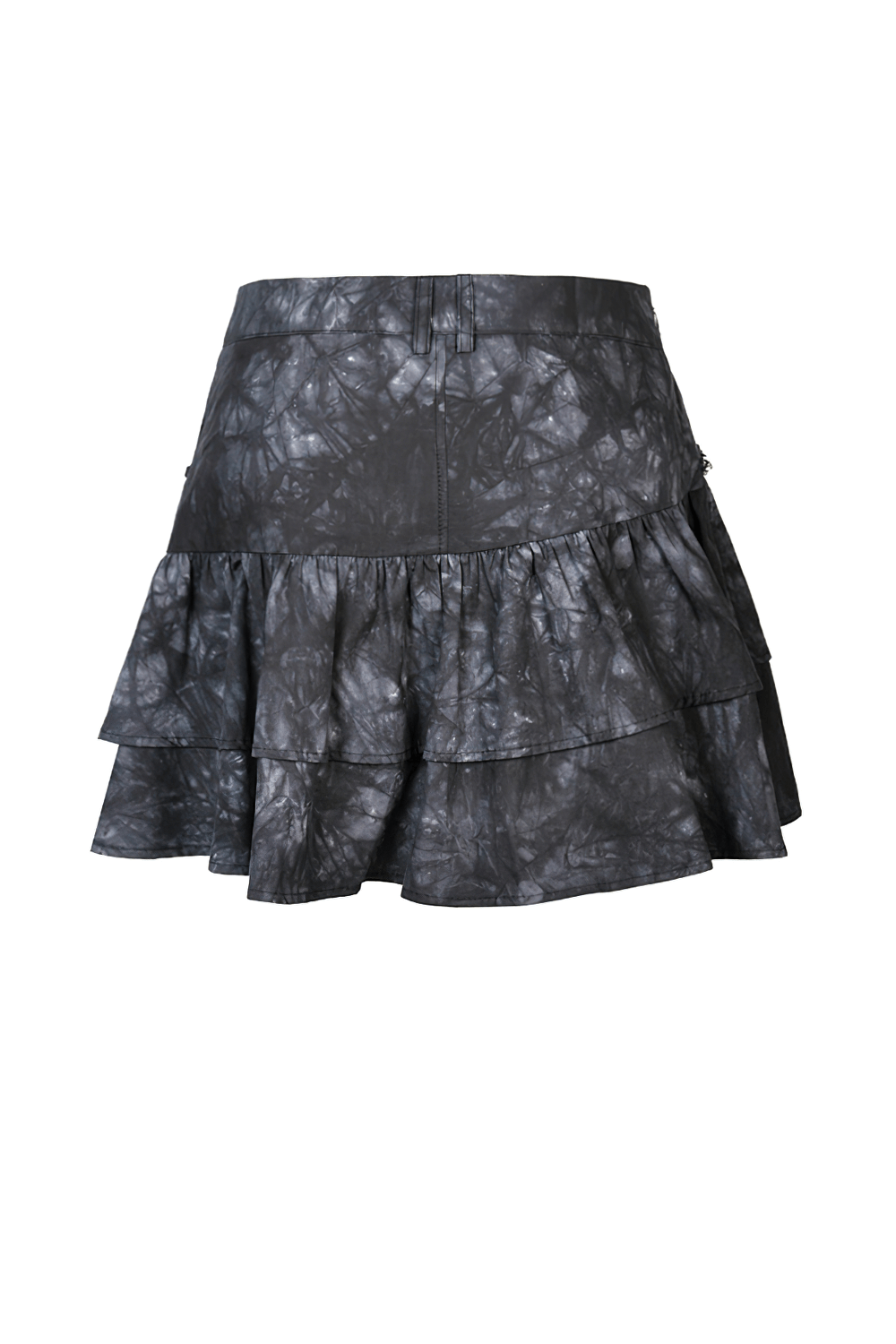 Goth women's black tie-dye mini skirt with ruffles and chains, perfect for edgy and feminine looks.