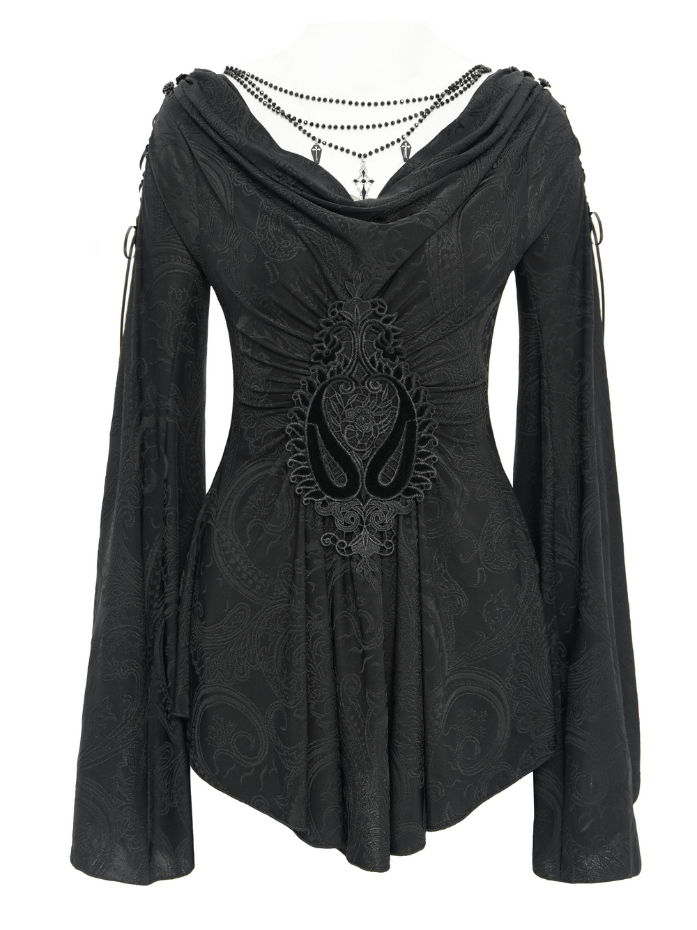 Gothic women's top with flared sleeves, lace-up detail, and Victorian paisley pattern in black.