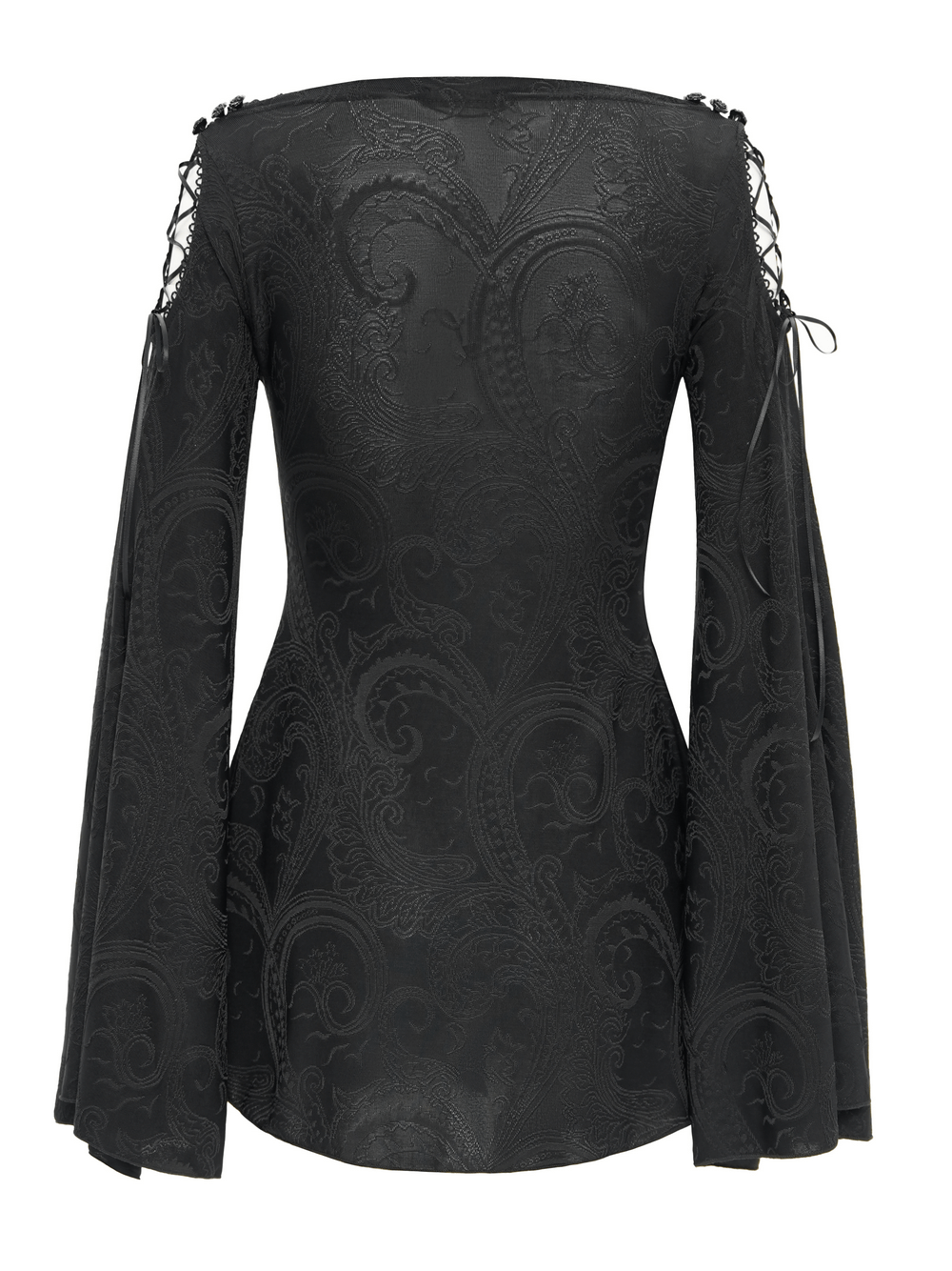 Goth women's top featuring dramatic flared sleeves and elegant lace-up detailing in a sophisticated paisley pattern.