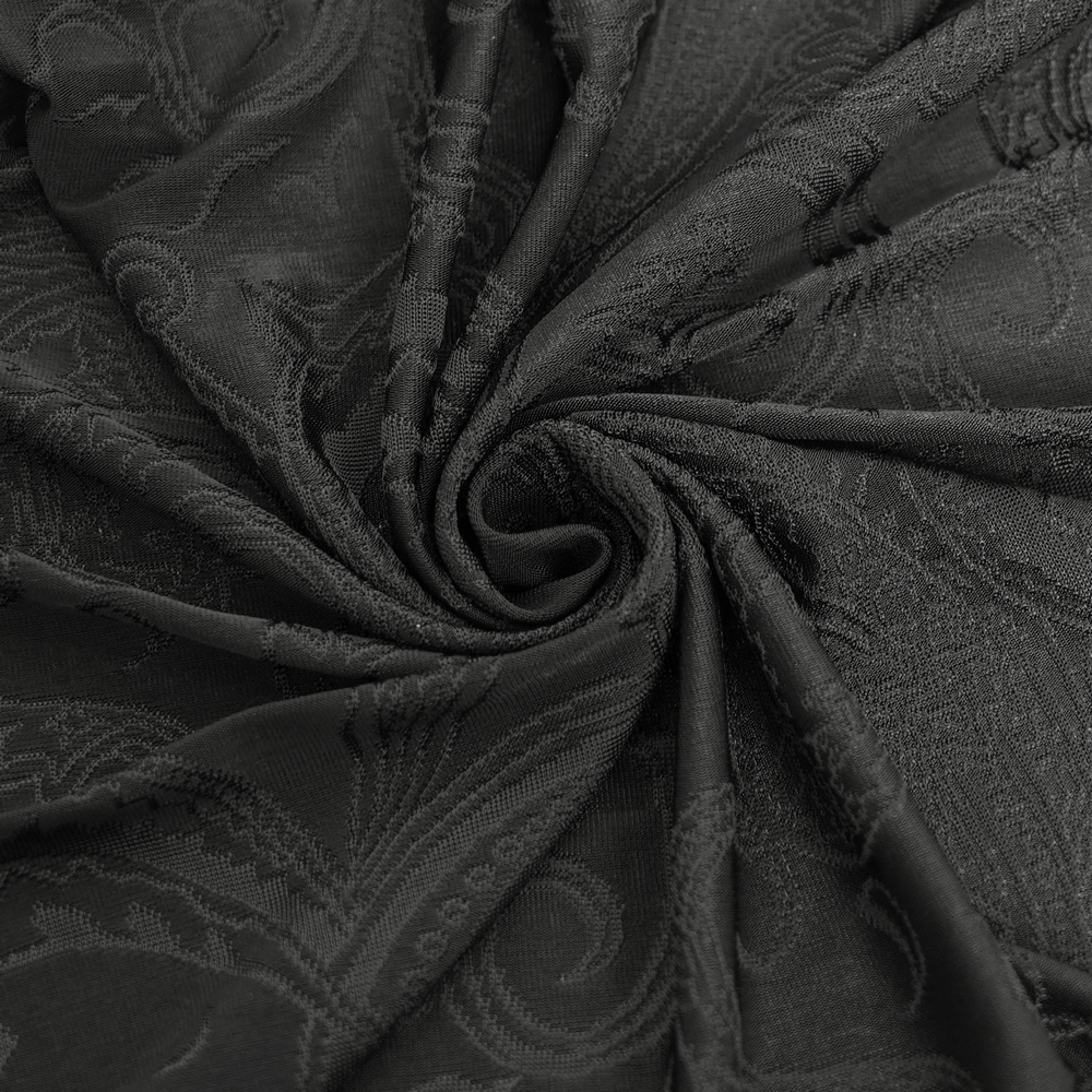 Intricate black paisley fabric perfect for gothic fashion and Victorian-style designs.