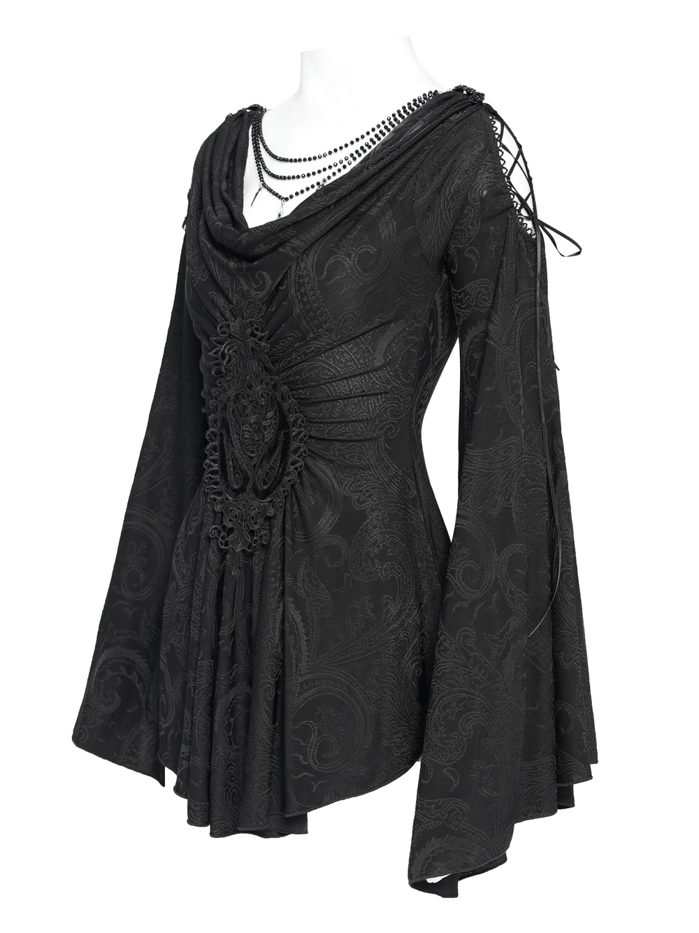 Goth women's top with flared sleeves, lace-up detail, and Victorian paisley pattern, perfect for dark fashion enthusiasts.