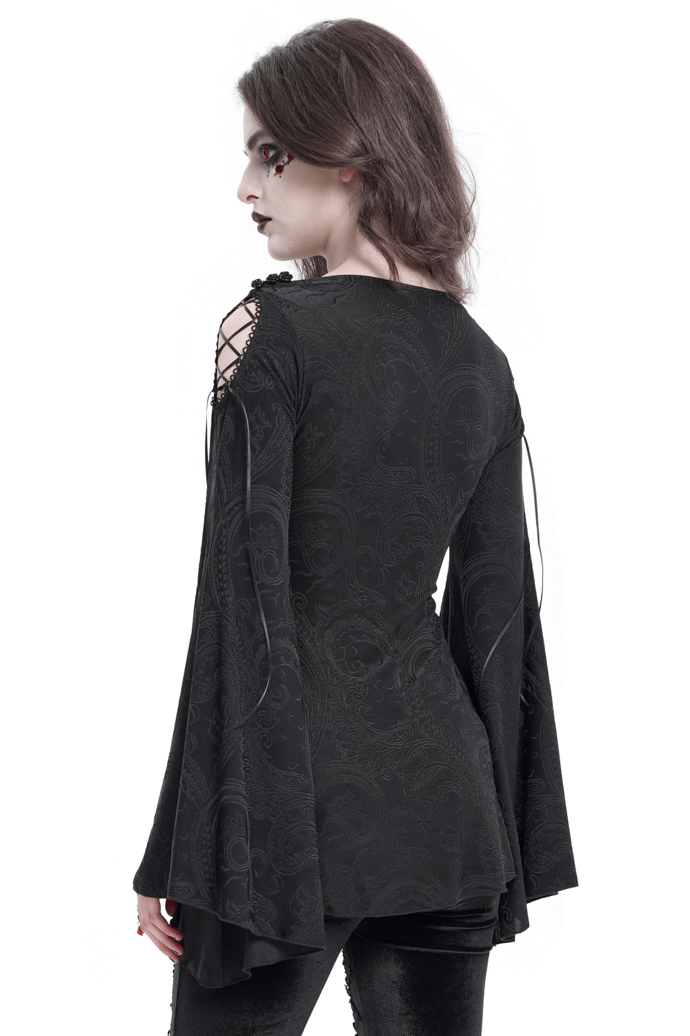 Goth women's top with flared sleeves and lace-up detail, perfect for dark fashion enthusiasts.