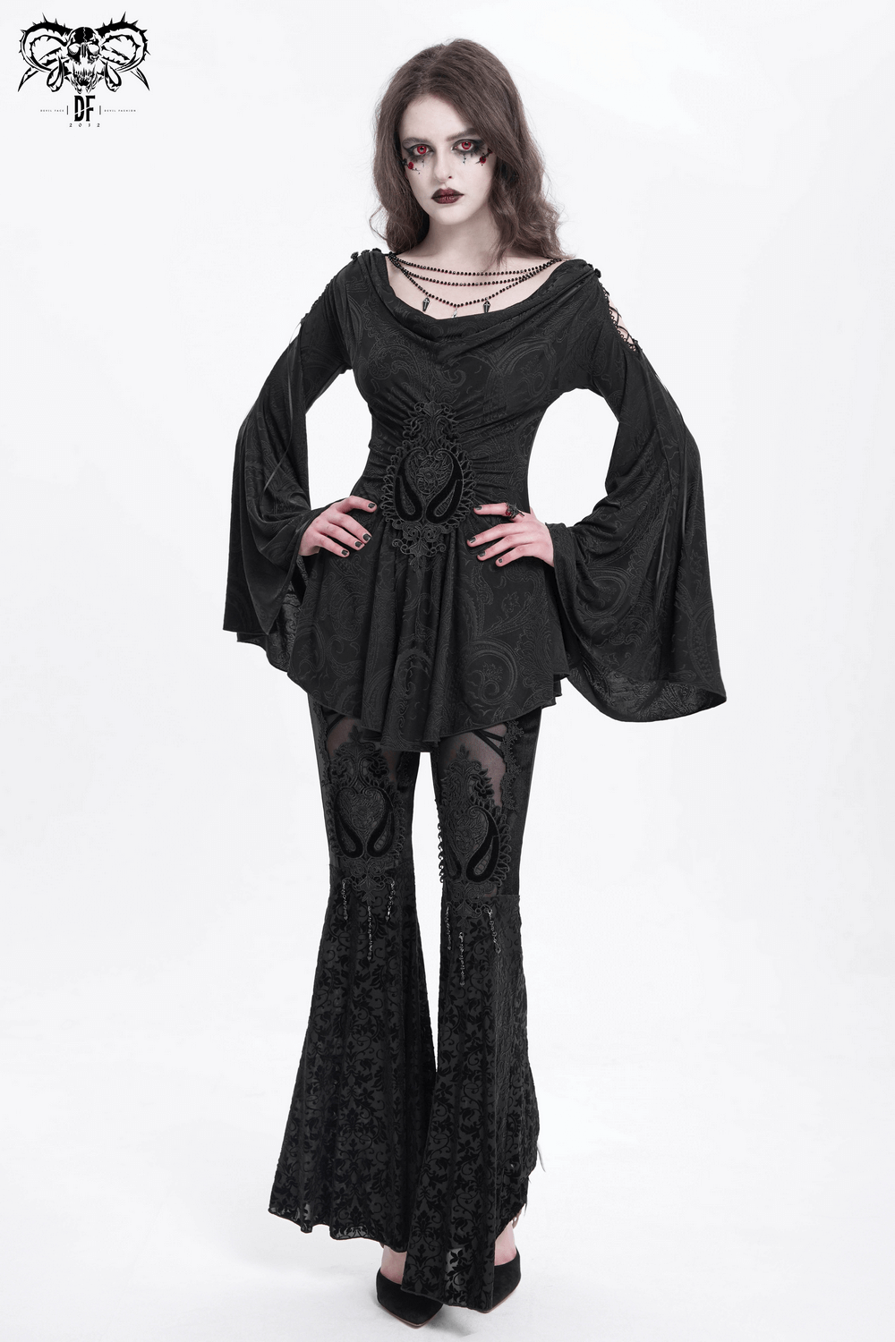 Goth women's top with flared sleeves and lace-up detail, perfect for dark fashion enthusiasts.