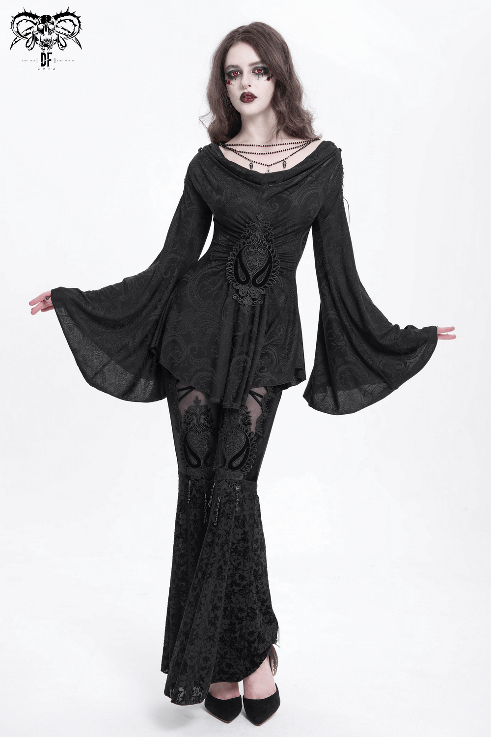 Goth women's Victorian style top with flared sleeves and lace-up detailing, perfect for dark fashion enthusiasts.