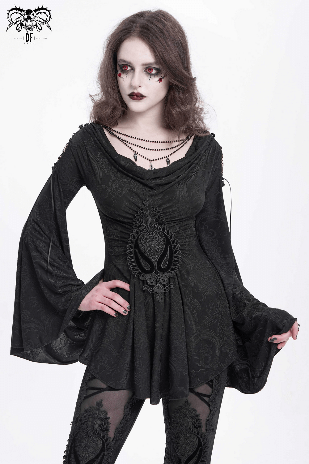 Goth women’s top with flared sleeves, lace detailing, and paisley pattern, perfect for dark elegance.