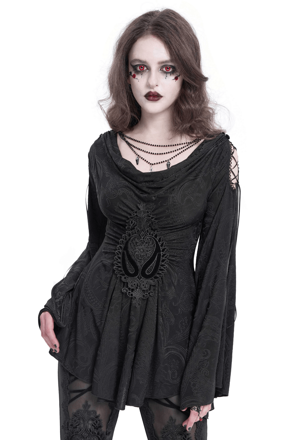 Goth women's top with flared sleeves, lace detail, and paisley pattern, perfect for dark fashion enthusiasts.