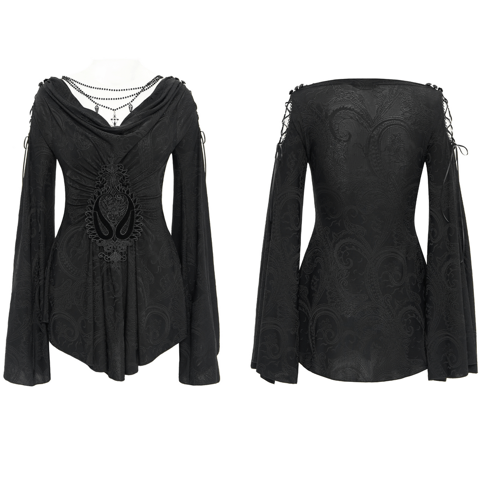 Gothic women's Victorian top with flared sleeves, lace-up detailing, and paisley pattern in black.