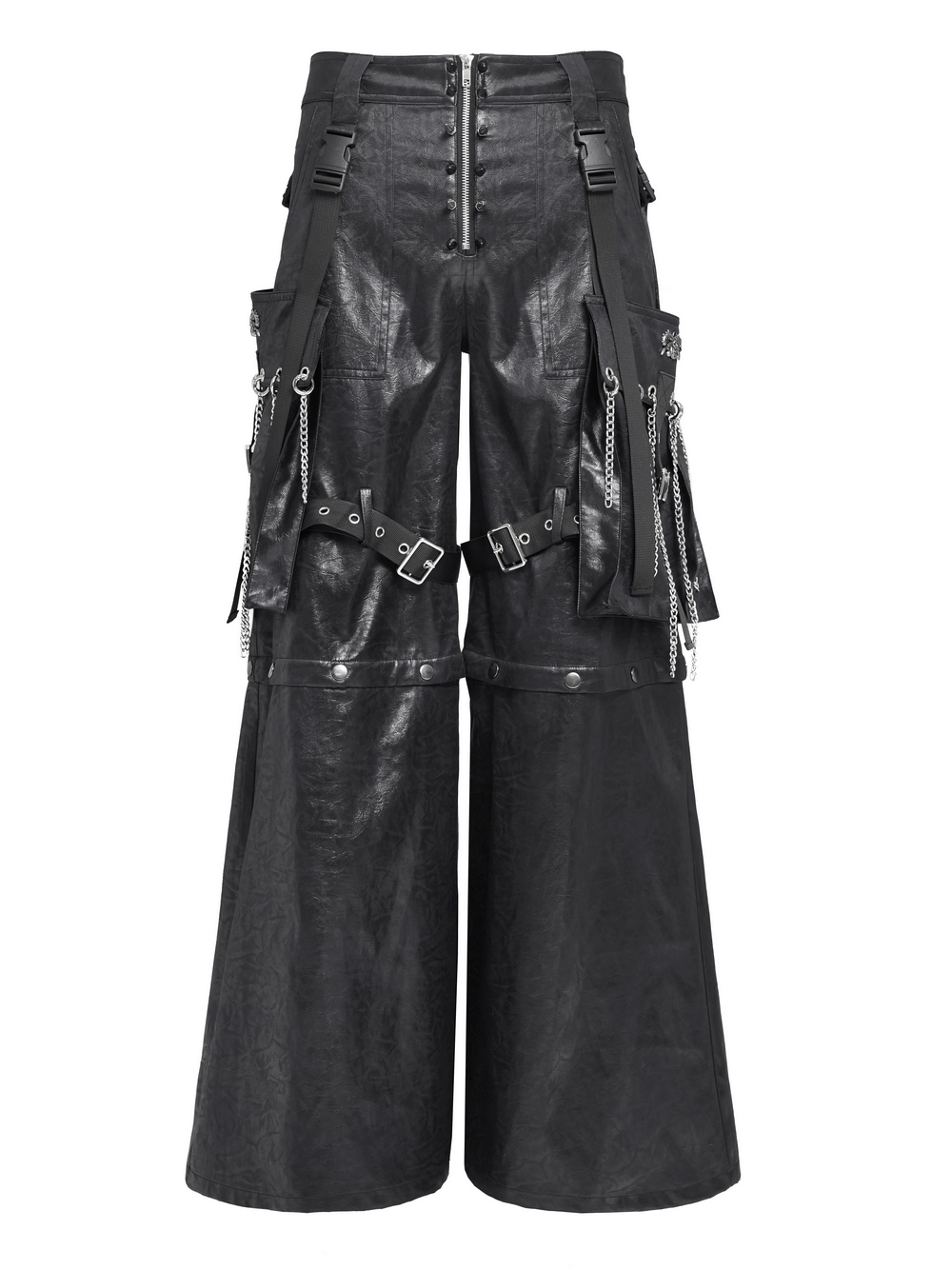 Goth Zip Pants with Detachable Chains and Wide Legs featuring bold straps and metal rings for a punk aesthetic.
