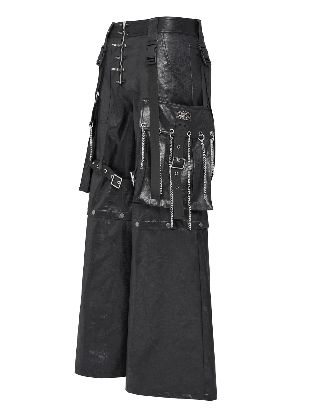 Goth Zip Pants with Detachable Chains and Wide Legs featuring bold details and layered textures for a punk look.