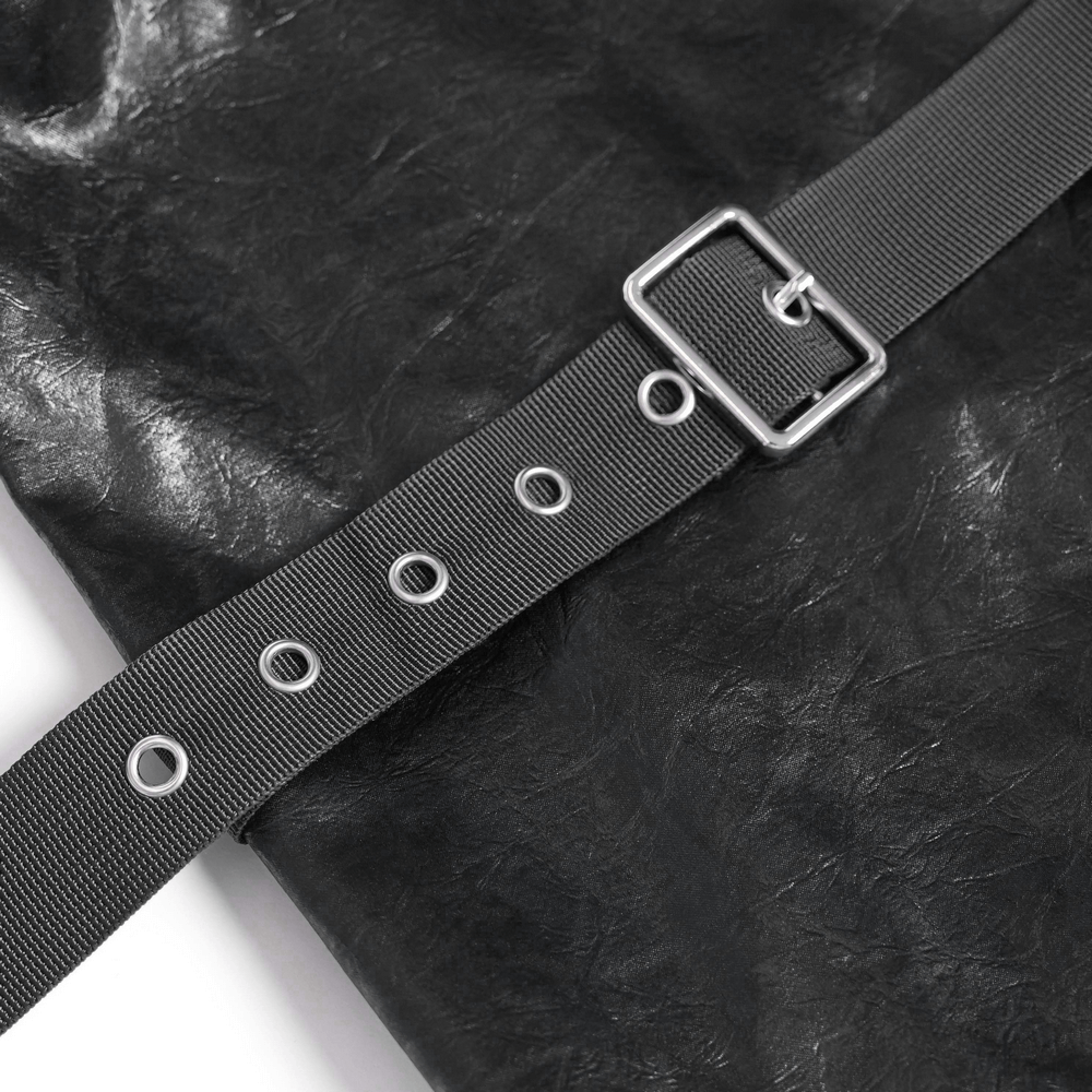 Close-up of strap detail on Goth Zip Pants with Detachable Chains and Wide Legs, featuring metal rings and a shiny black texture.