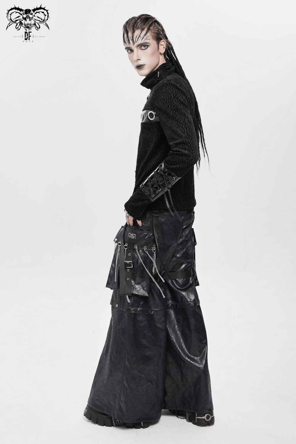 Goth Zip Pants with Detachable Chains and Wide Legs worn by a model, showcasing a bold punk style with layers and accessories.