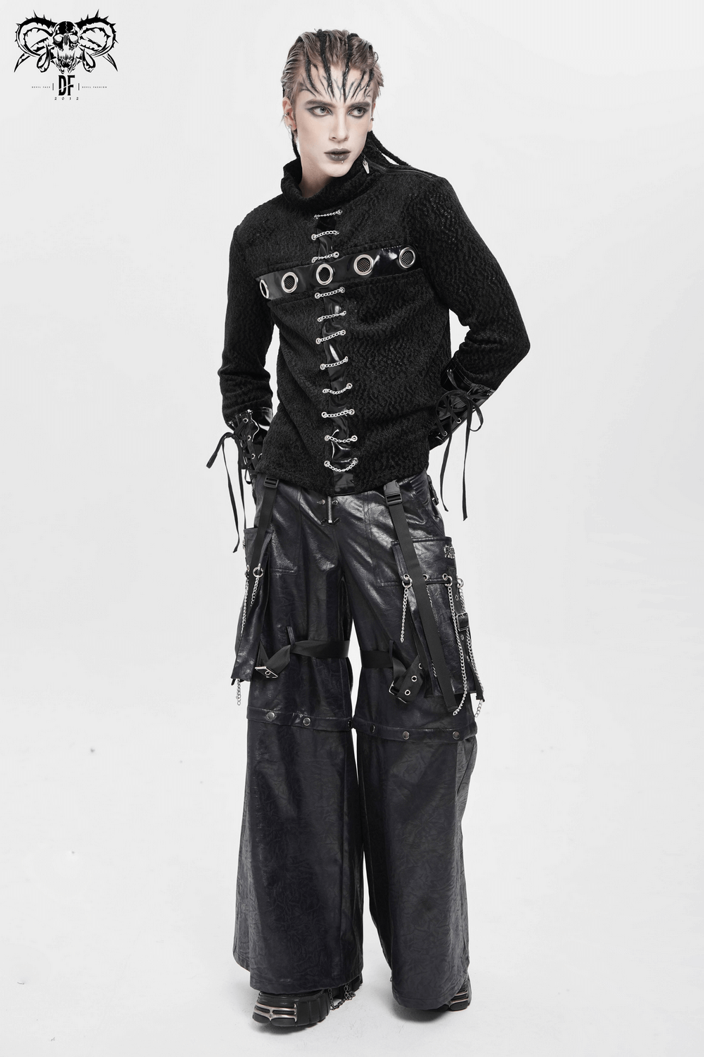Goth Zip Pants with Detachable Chains and Wide Legs showcased with a dark punk aesthetic and bold strap details.