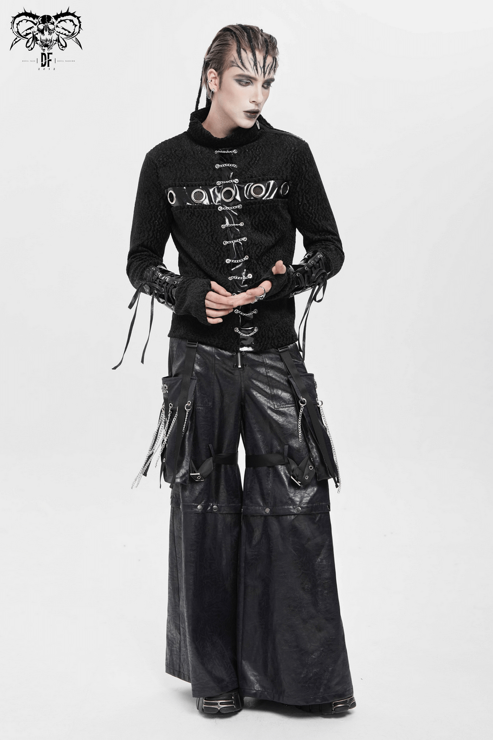 Goth Zip Pants with Detachable Chains and Wide Legs in a stylish punk outfit with bold details and layered textures.