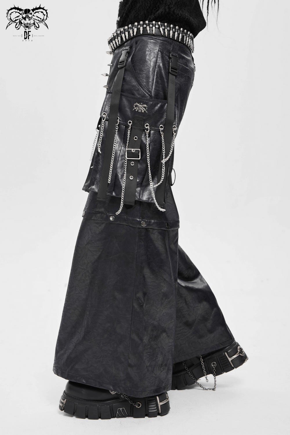 Goth Zip Pants with Detachable Chains and Wide Legs showcasing bold strap details and metal rings.