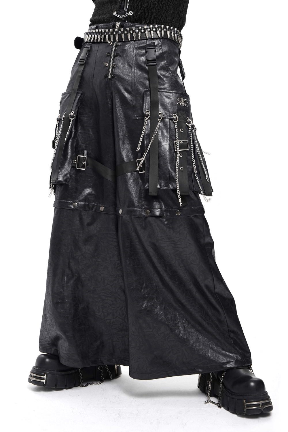 Goth Zip Pants with Detachable Chains and Wide Legs featuring bold strap details and metal rings for a punk aesthetic.