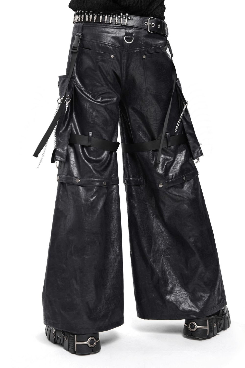 Goth Zip Pants with Detachable Chains and Wide Legs showcasing bold strap details and a dark punk aesthetic.