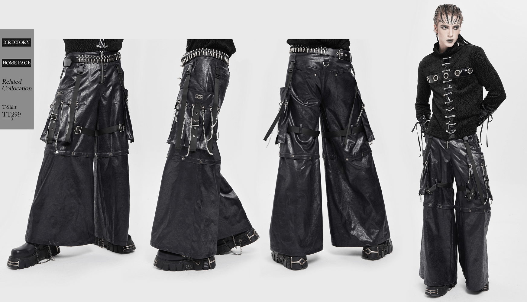 Goth Zip Pants with Detachable Chains and Wide Legs featuring bold straps and metal rings for a punk aesthetic.