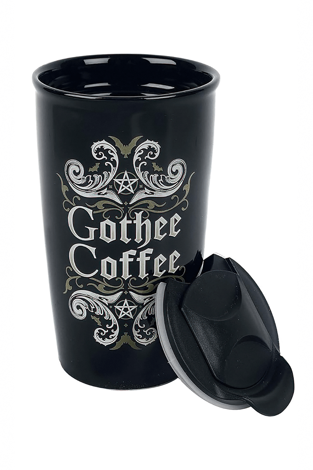 Gothee Coffee double walled travel mug with gothic bat and pentagram design, sleek black and stylish.