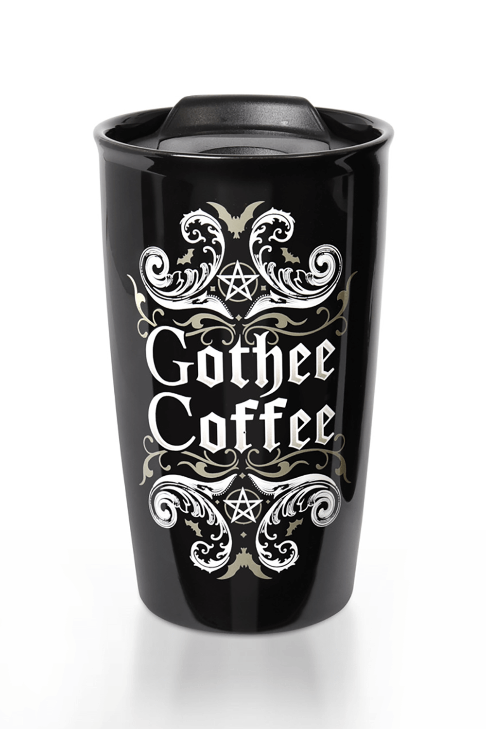 Gothee Coffee double walled travel mug with gothic design and pentagram, perfect for on-the-go style.