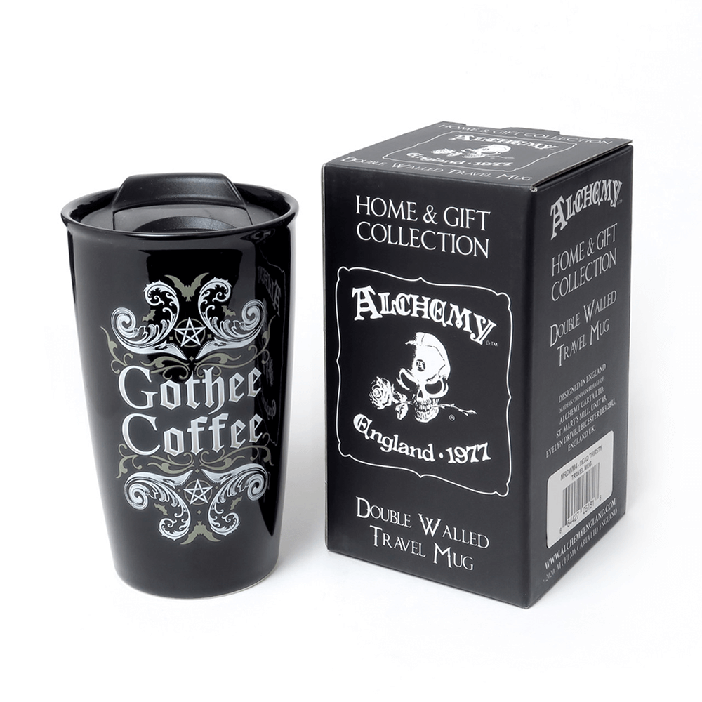 Gothee Coffee double-walled travel mug with gothic bat and pentagram design, perfect for coffee lovers.