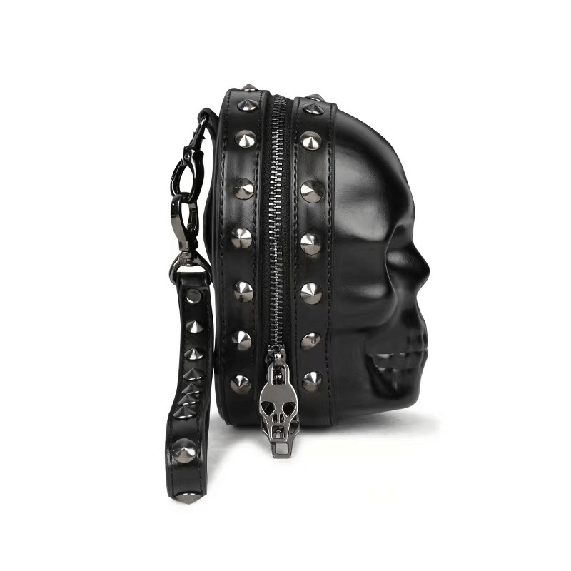Gothic 3D Skull Rivets Wristbag / Punk Zipper Black Shoulder Bag - HARD'N'HEAVY