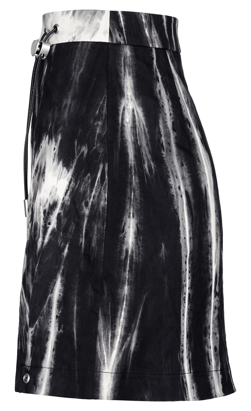 Chic Gothic A-Line skirt in tie-dye black and white with side slit and unique heart buckle detail.