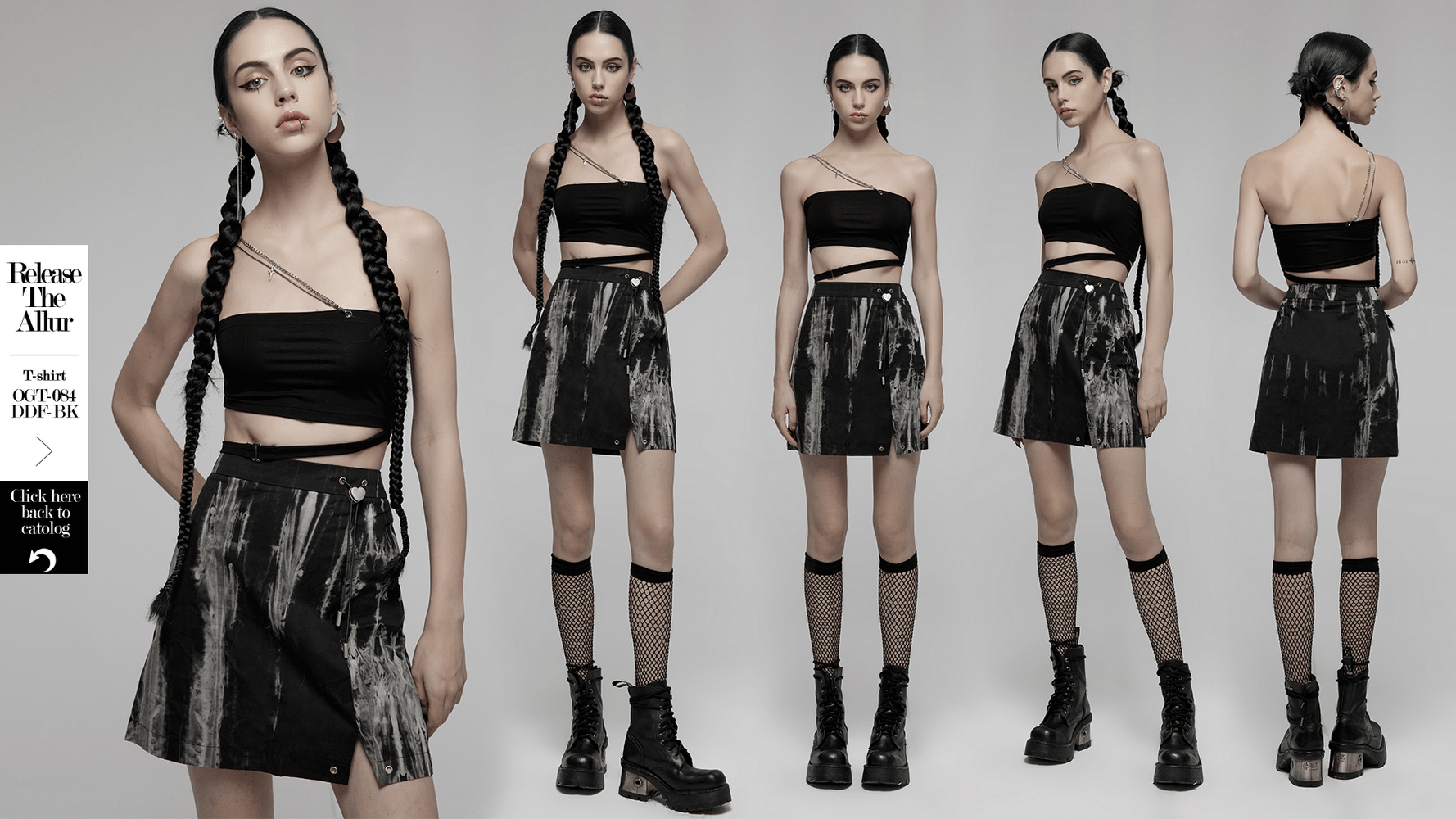 Model showcasing a chic Gothic A-line skirt with side slit and heart buckle, styled with a trendy top and combat boots.