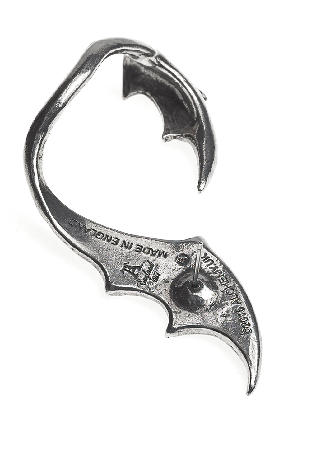 Gothic bat wing ear wrap in fine English pewter, perfect for expressing eerie elegance and unique style.