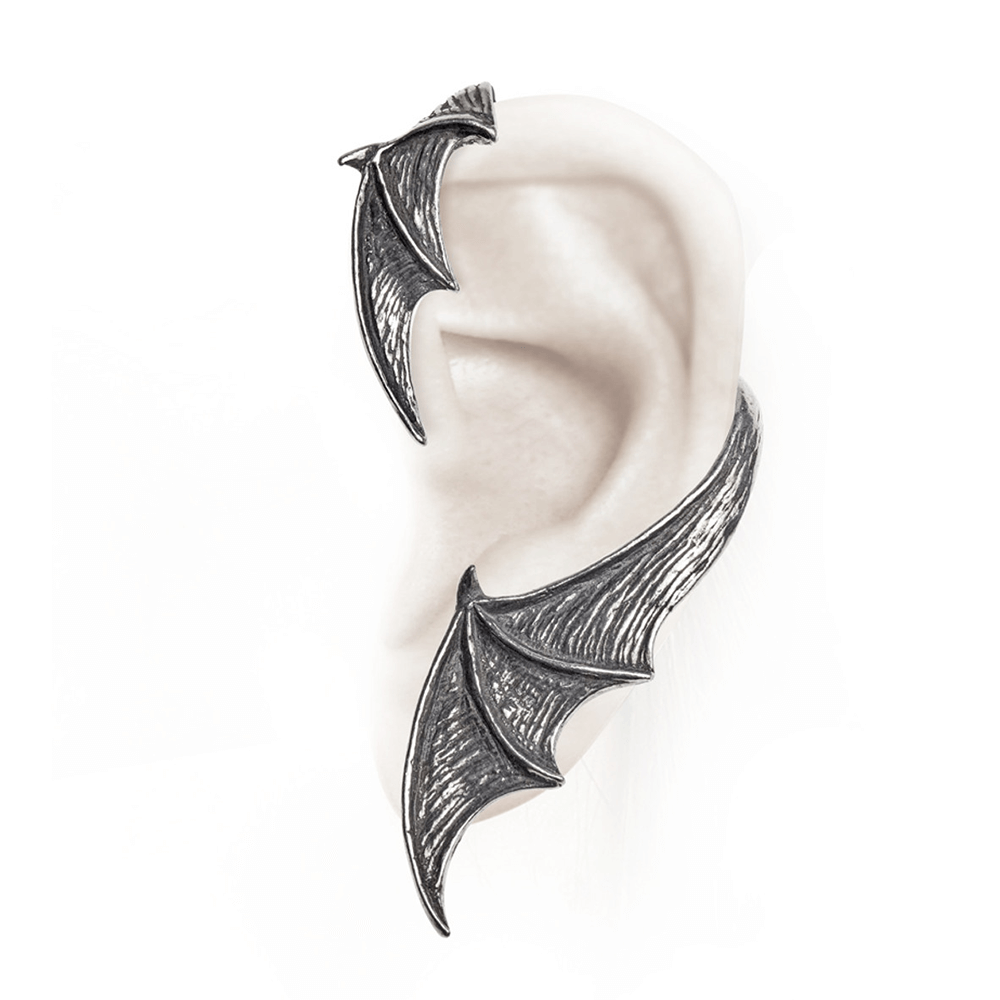 Gothic bat wing ear wrap in pewter for left ear, inspired by 18th-century eerie tales and revenant stories.