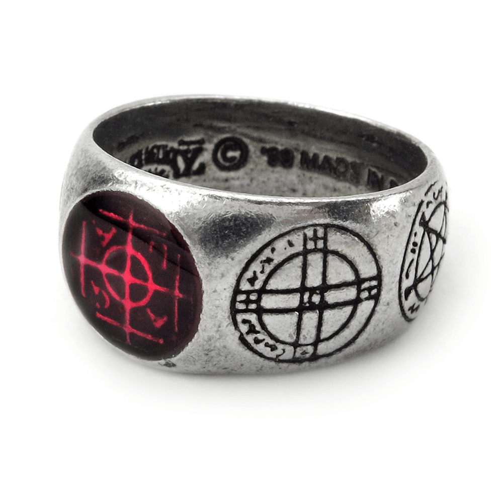 Gothic Agla Ring in pewter with Kabbalistic sigils and purple enamel, representing love, memory, and peace.