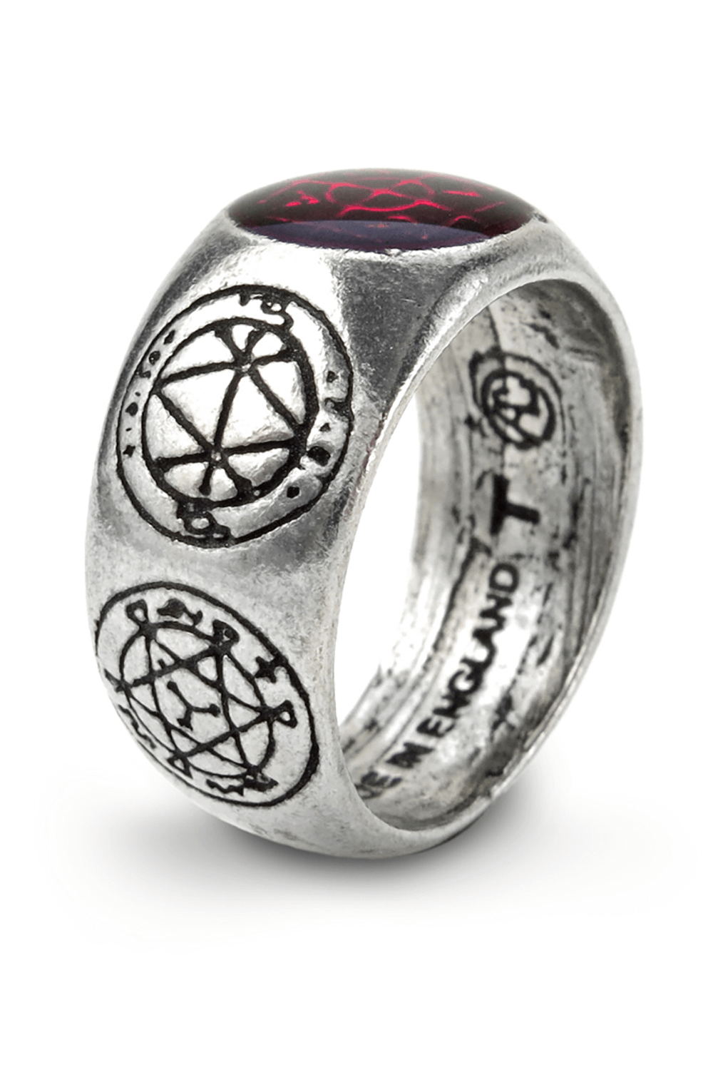 Gothic Agla Ring in pewter, featuring Kabbalistic sigils and rich purple enamel, symbolizing mysticism and divine power.