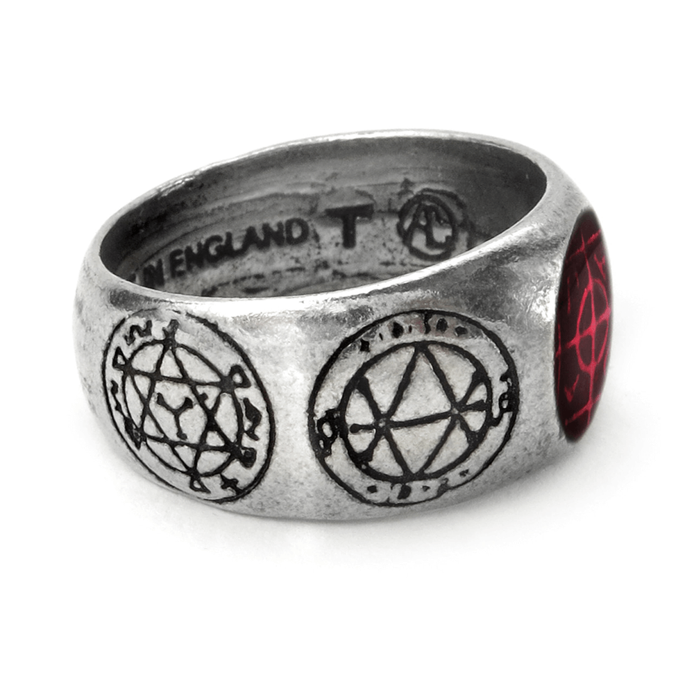 Gothic Agla Ring in pewter with Kabbalistic seals and red enamel, symbolizing power and eternity.