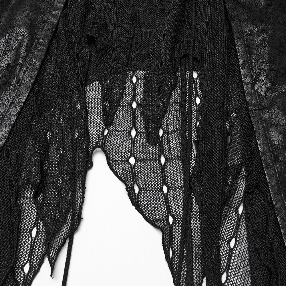 Intricate detail of a gothic alien asymmetric cape featuring mesh and cracked leather textures.