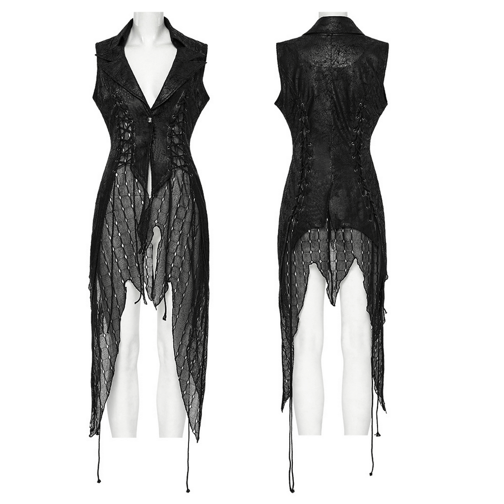 Dark gothic asymmetric cape with lace-up design and cracked leather, showcasing unique mesh detail.