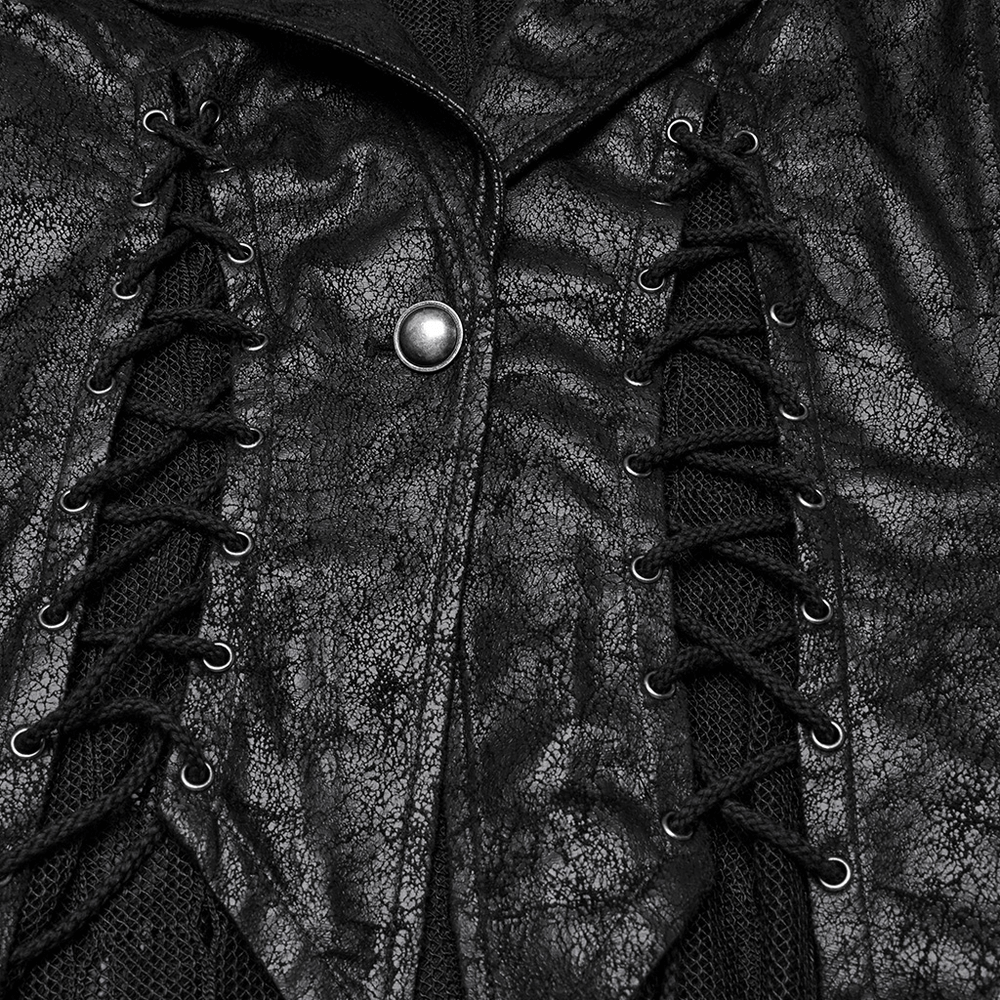 Close-up of Gothic Alien Cape featuring cracked leather and lace-up design for a dramatic, edgy look.